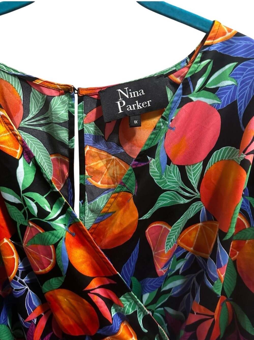 Nina Parker Size 1X Orange Fruit Print Long Sleeve Wrap Romper - Picture 3 of 5